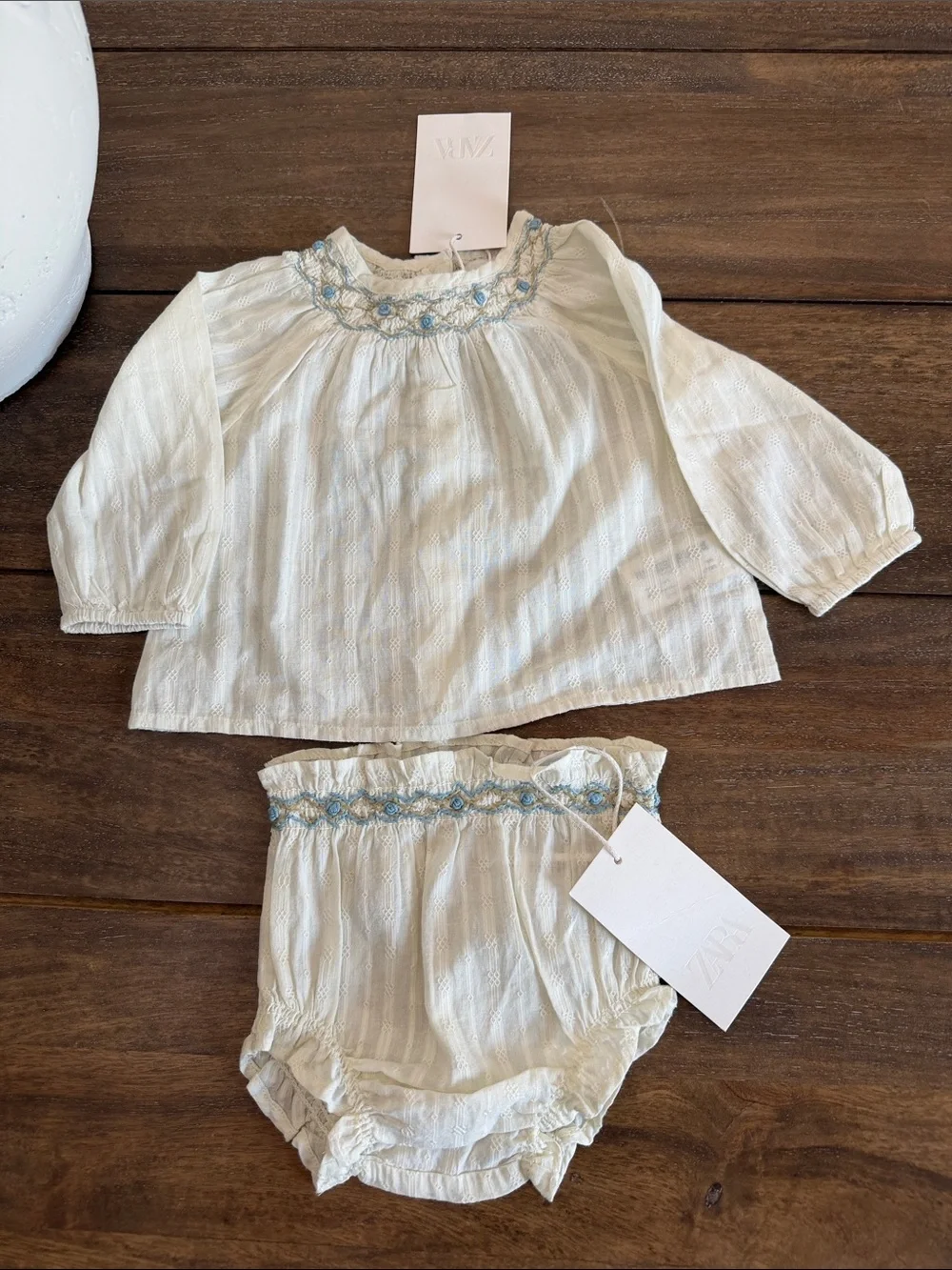 Zara Cream Smocked Top and Bloomers with Light Blue Detail